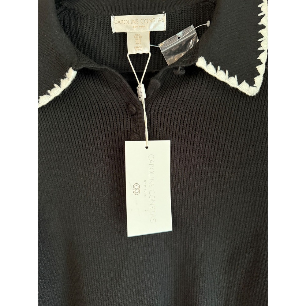 Caroline Constas Black Ribbed Knit Polo Top‎ White Ric Rac Trim Short Sleeve S - Picture 3 of 6